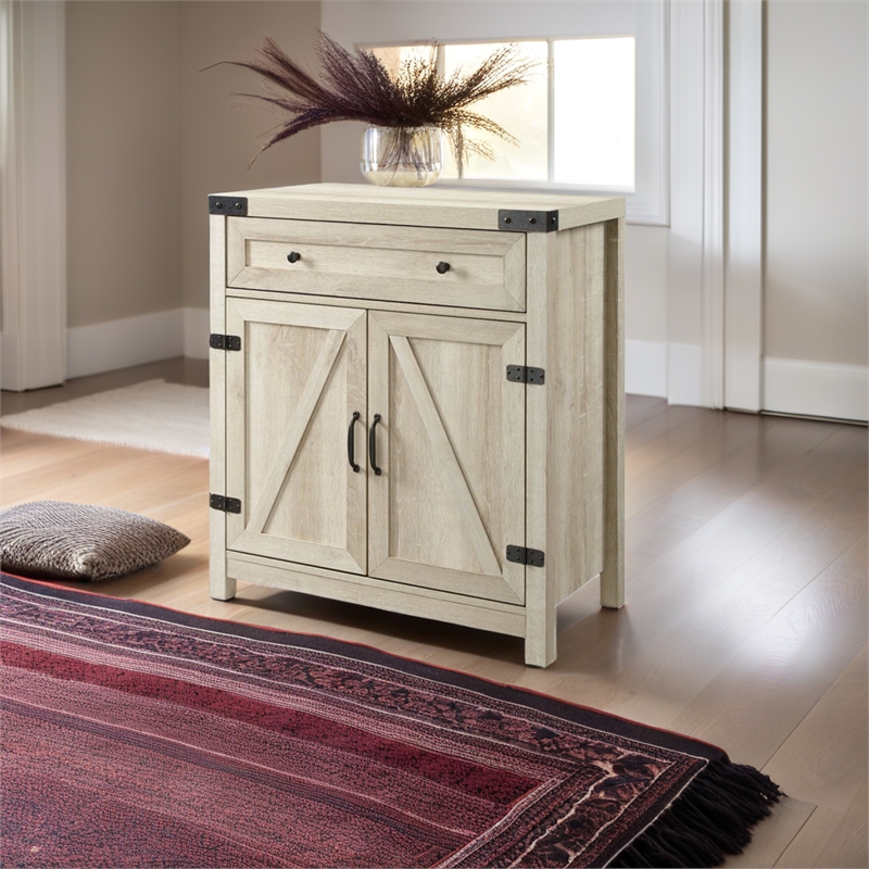 Pemberly Row Farmhouse Engineered Wood Barn Door Accent Cabinet in White Oak