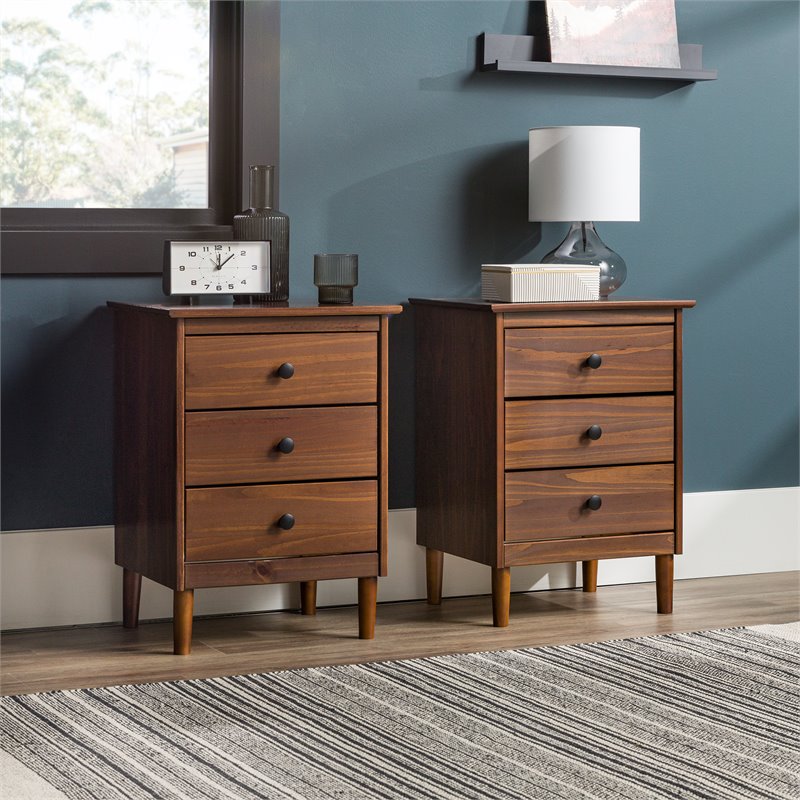 Pemberly Row Mid-Century Solid Wood Bedroom Nightstand in Walnut (Set of 2)