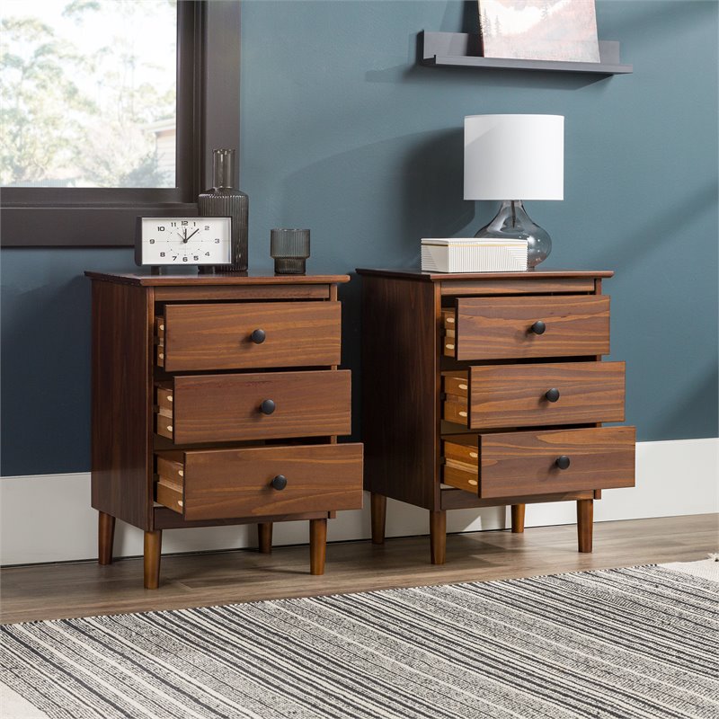 Pemberly Row Mid-Century Solid Wood Bedroom Nightstand in Walnut (Set of 2)