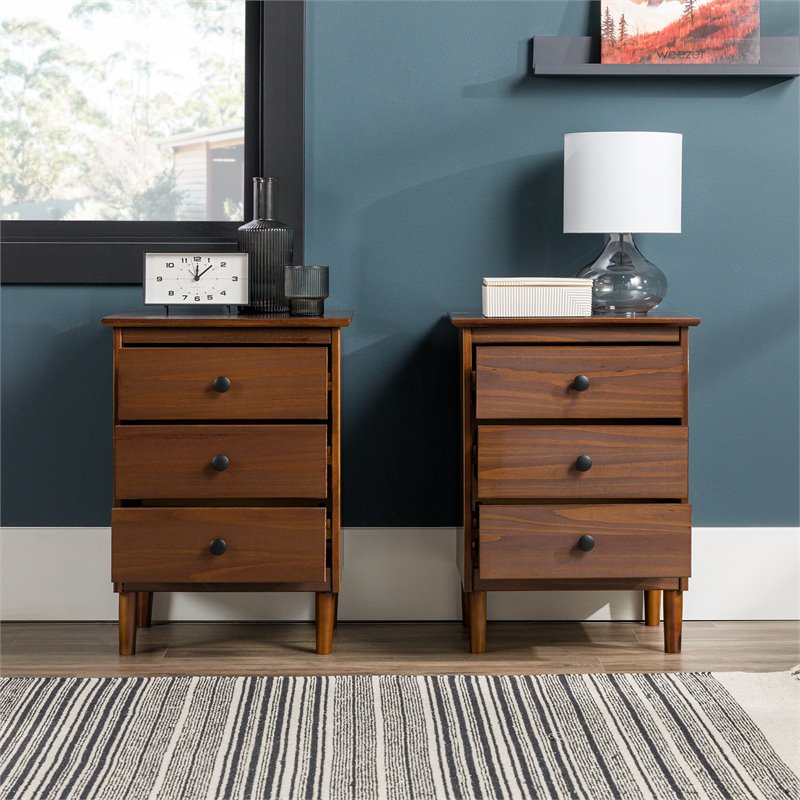Pemberly Row Mid-Century Solid Wood Bedroom Nightstand in Walnut (Set of 2)