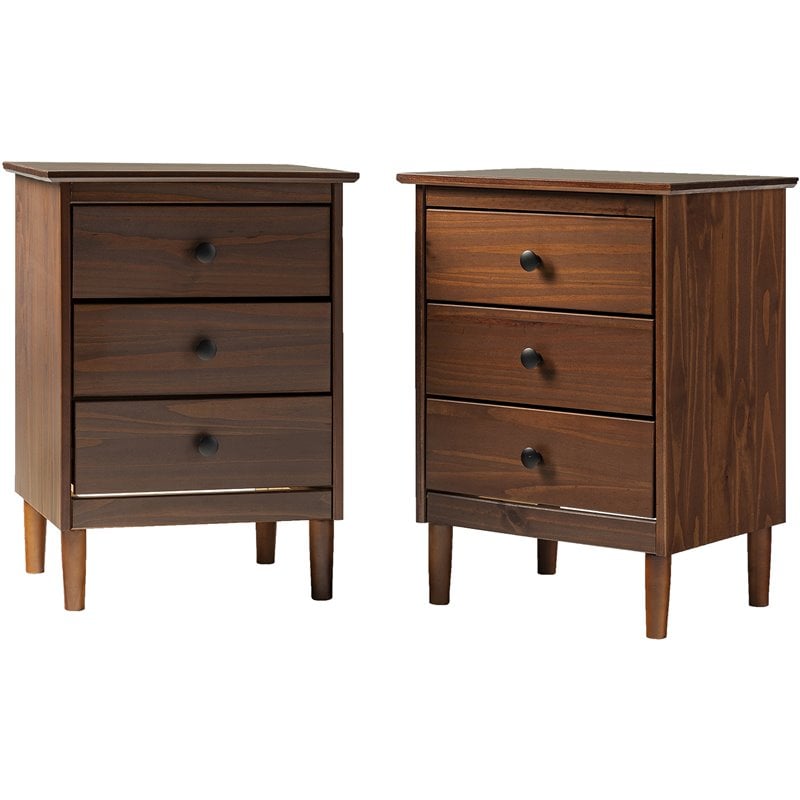 Pemberly Row Mid-Century Solid Wood Bedroom Nightstand in Walnut (Set of 2)
