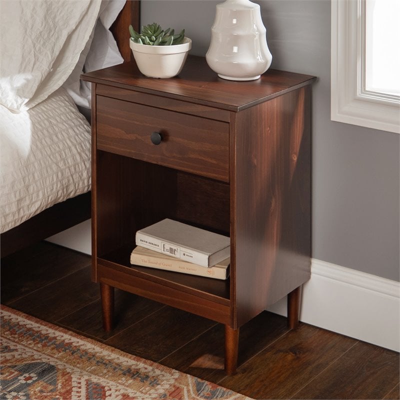 Pemberly Row Mid-Century Solid Wood Bedroom Nightstand in Walnut (Set of 2)