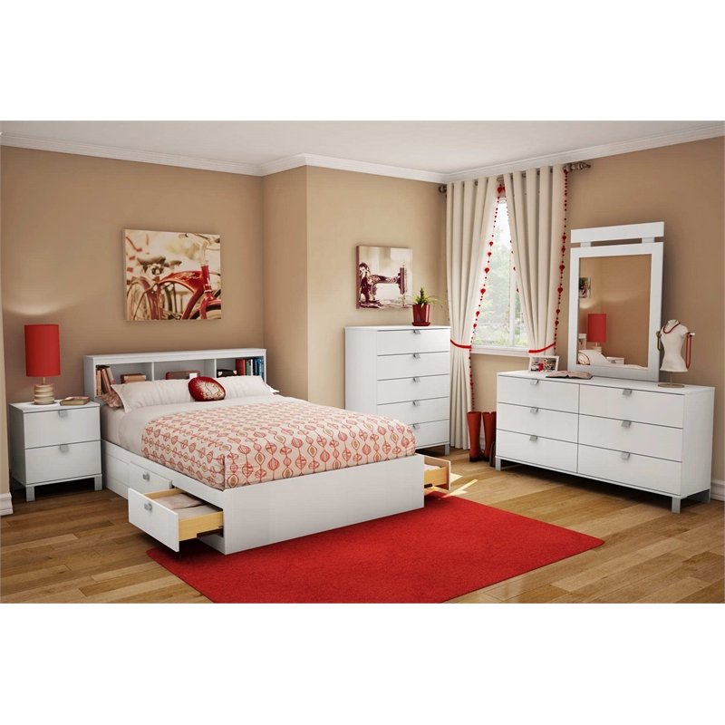 Pemberly Row Contemporary Wood Full Bookcase Headboard in White