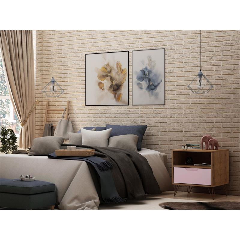 Pemberly Row Transitional Engineered Wood Nightstand in Natural/Rose Pink