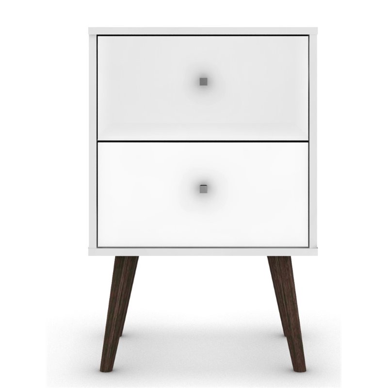 Pemberly Row 2-Drawer Mid-Century Solid Wood End Table in White/Brown