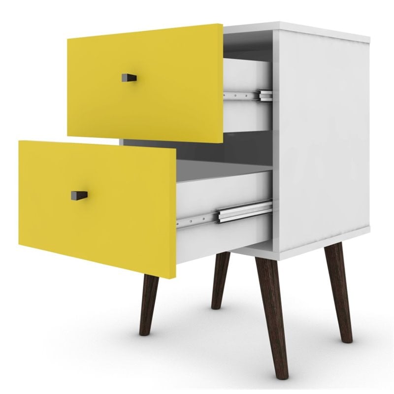 Pemberly Row 2-Drawer Mid-Century Solid Wood End Table in White/Yellow