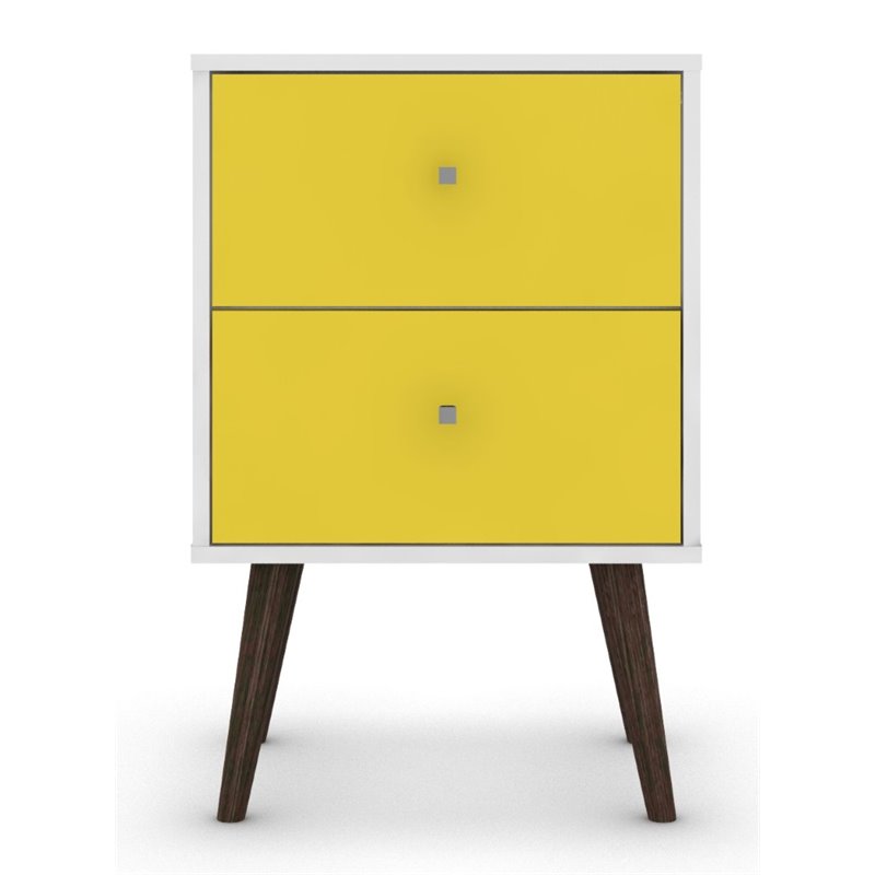 Pemberly Row 2-Drawer Mid-Century Solid Wood End Table in White/Yellow