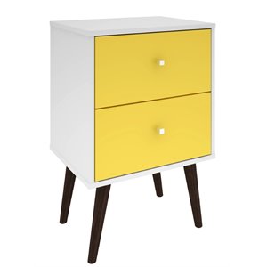 Pemberly Row Mid-Century Modern Wood 2 Drawer End Table in White & Yellow