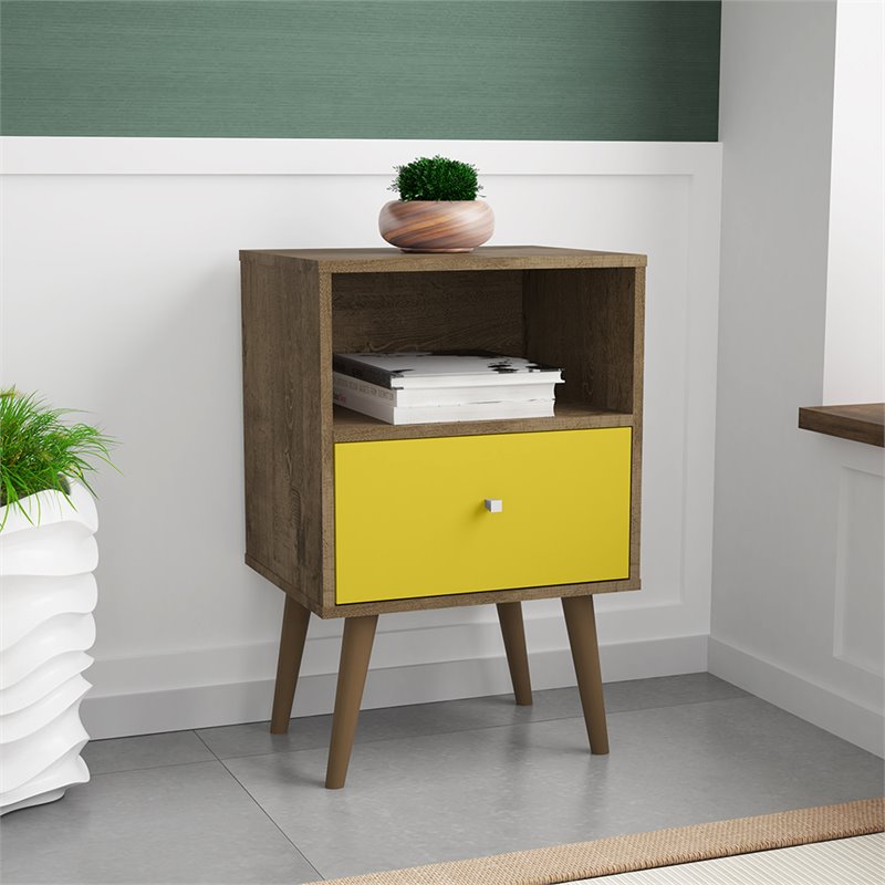 Pemberly Row 1-Drawer Transitional Solid Wood Nightstand in Yellow/Rustic Brown