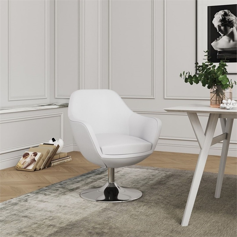 Pemberly Row Contemporary Faux Leather Swivel Accent Chair in White