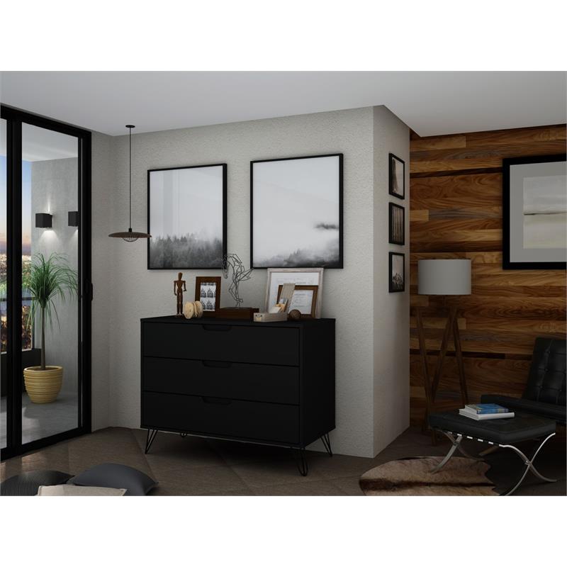 Pemberly Row 3-Drawer Mid-Century Wood Dresser with Metal Legs in Black