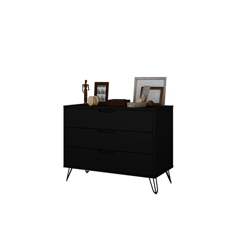 Pemberly Row 3-Drawer Mid-Century Wood Dresser with Metal Legs in Black