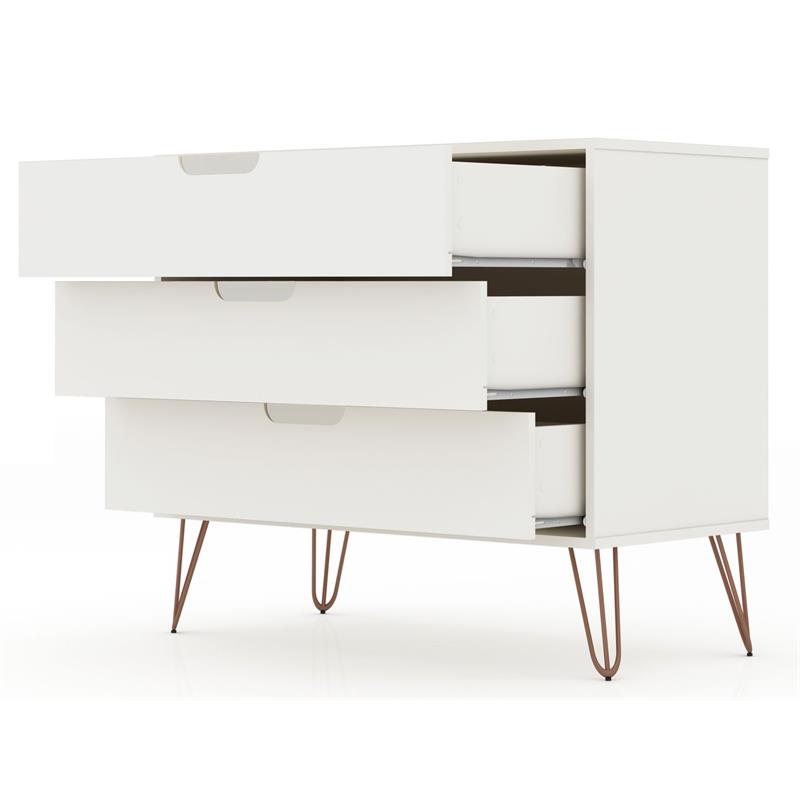 Pemberly Row 3-Drawer Mid-Century Wood Dresser with Metal Legs in White