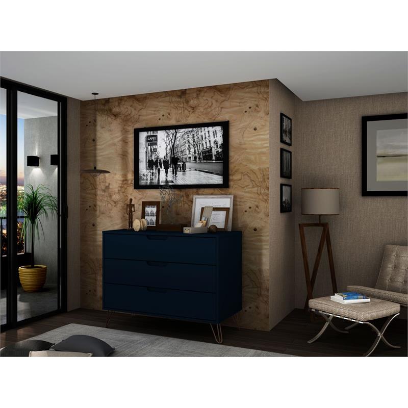 Pemberly Row 3-Drawer Mid-Century Wood Dresser in Tatiana Midnight Blue