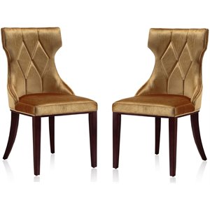 Pemberly Row Velvet 2 PC Dining Chair Set in Antique Gold & Walnut