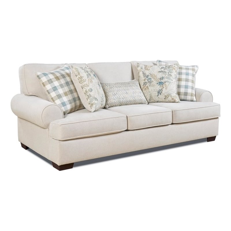 Pemberly Row Round Traditional Fabric Arm Sofa With Pillows in Cream