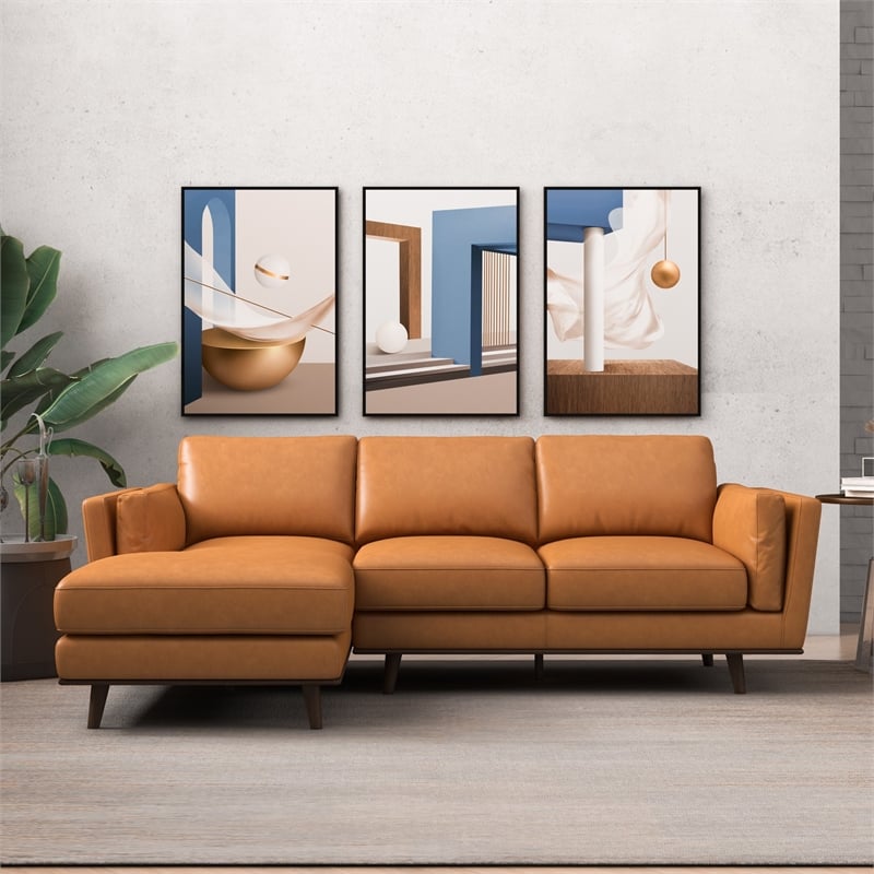 Pemberly Row Mid-Century Leather Cushion Back Left-Facing Sectional in Tan