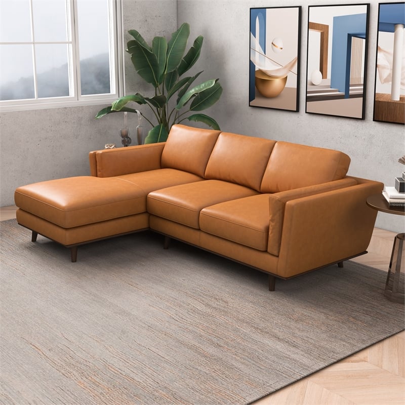 Pemberly Row Mid-Century Leather Cushion Back Left-Facing Sectional in Tan