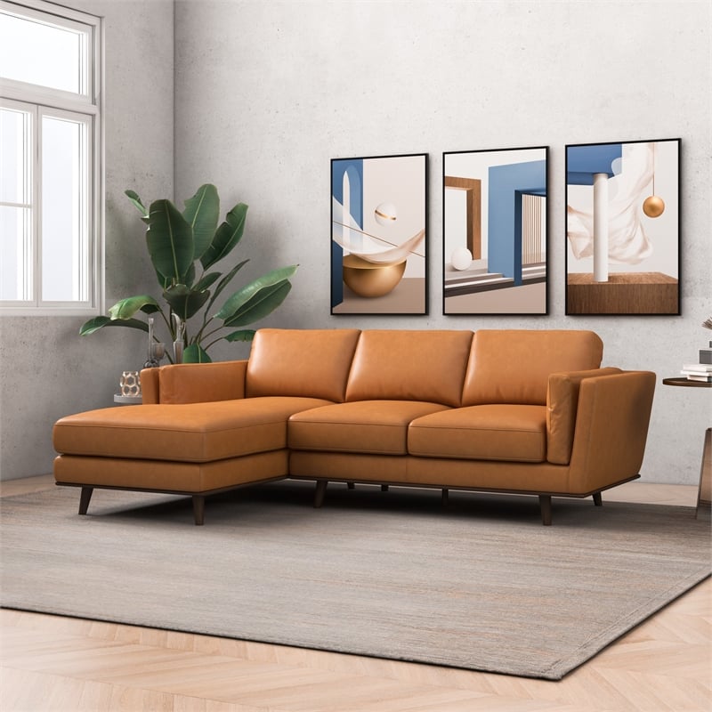 Pemberly Row Mid-Century Leather Cushion Back Left-Facing Sectional in Tan