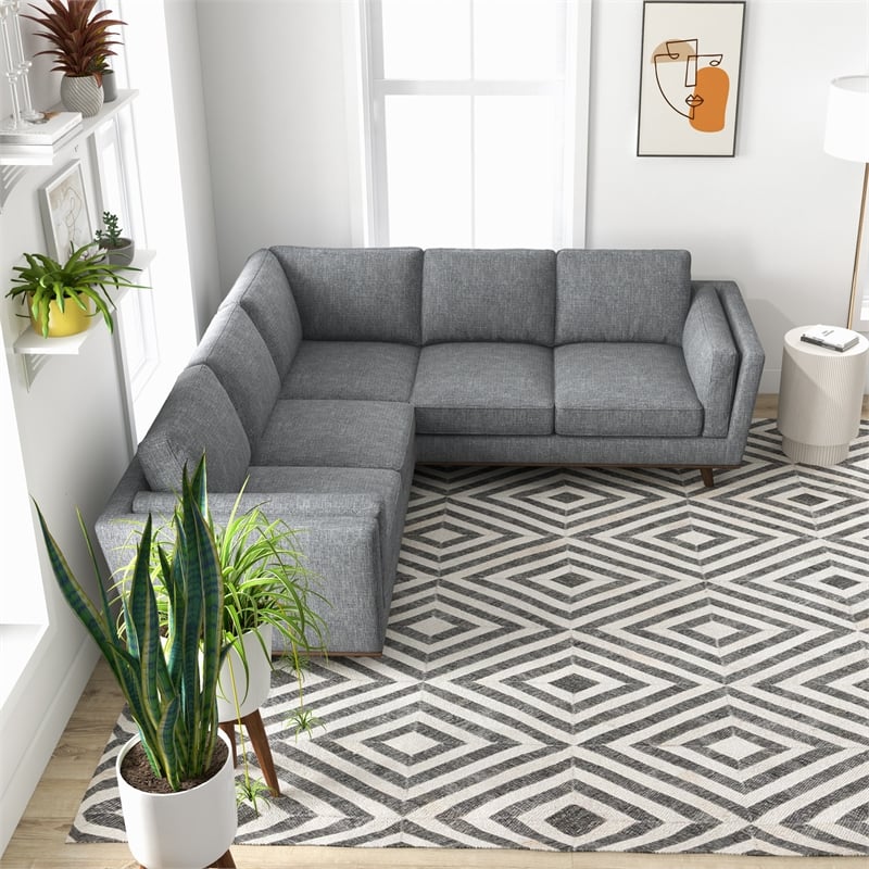 Pemberly Row Mid-Century Modern Pillow Back Right-Facing Sectional in Dark Gray