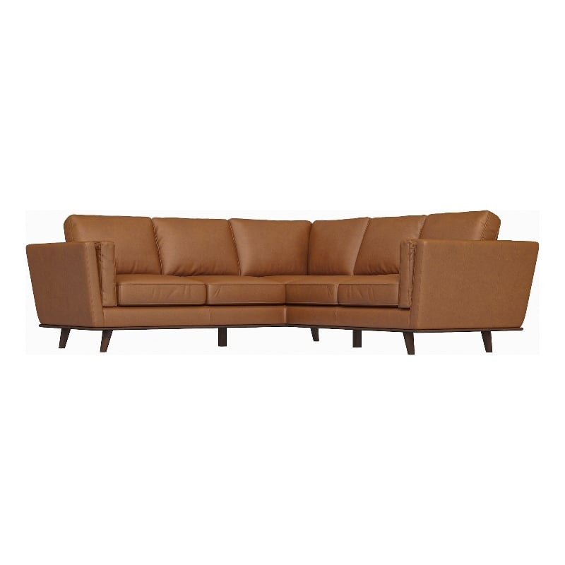 Pemberly Row Mid-Century Symmetrical Genuine Leather Corner Sofa in Tan
