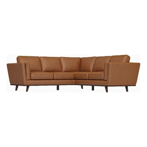 Pemberly Row Mid-Century Symmetrical Genuine Leather Corner Sofa in Tan