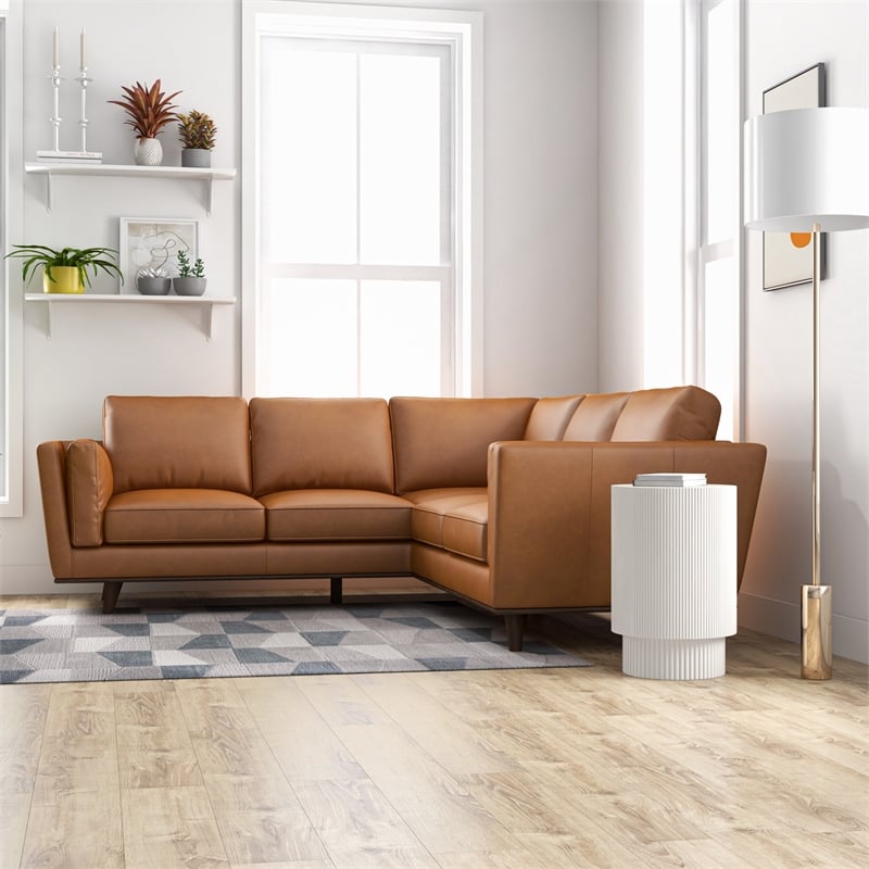 Pemberly Row Mid-Century Symmetrical Genuine Leather Corner Sofa in Tan