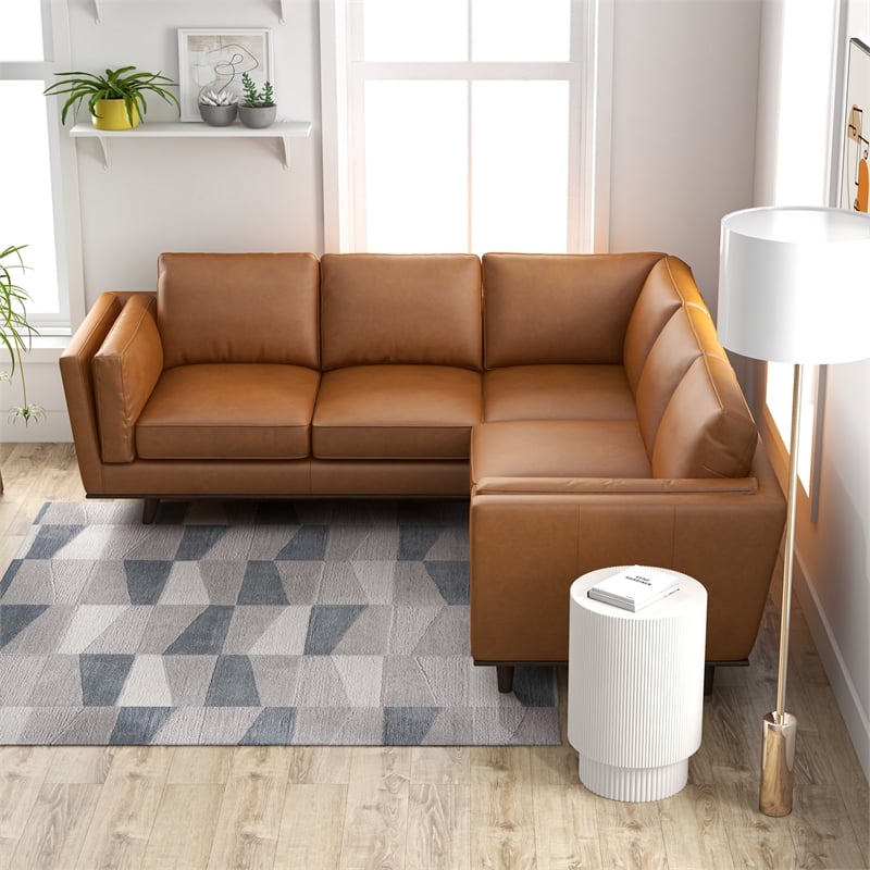 Pemberly Row Mid-Century Symmetrical Genuine Leather Corner Sofa in Tan