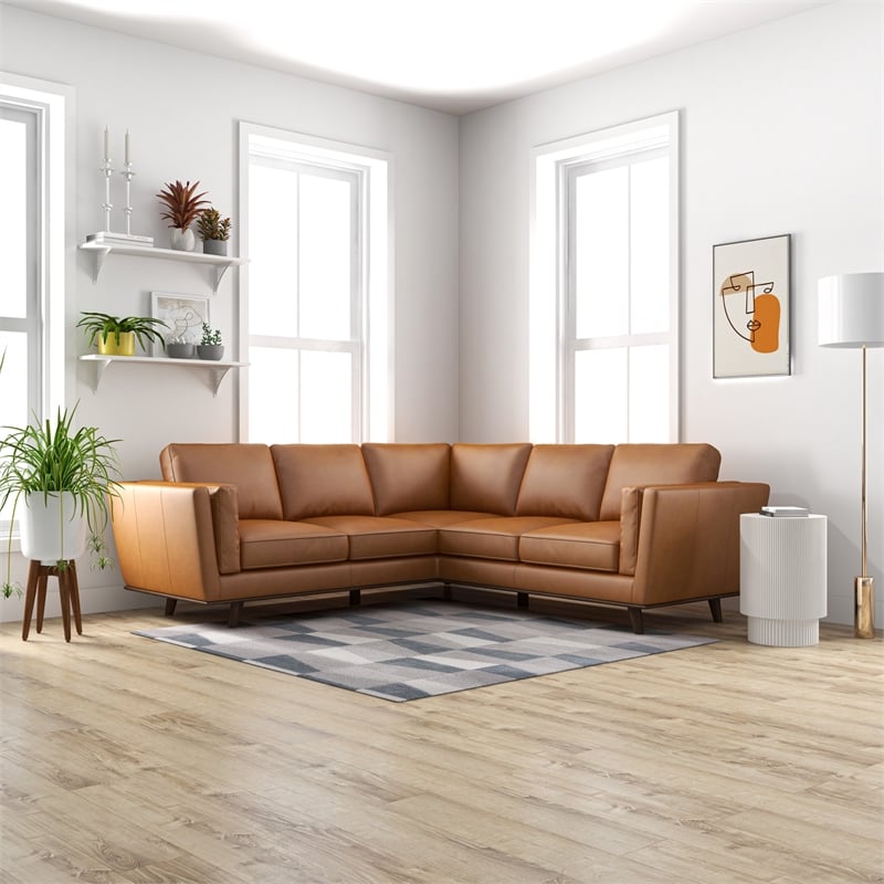 Pemberly Row Mid-Century Symmetrical Genuine Leather Corner Sofa in Tan