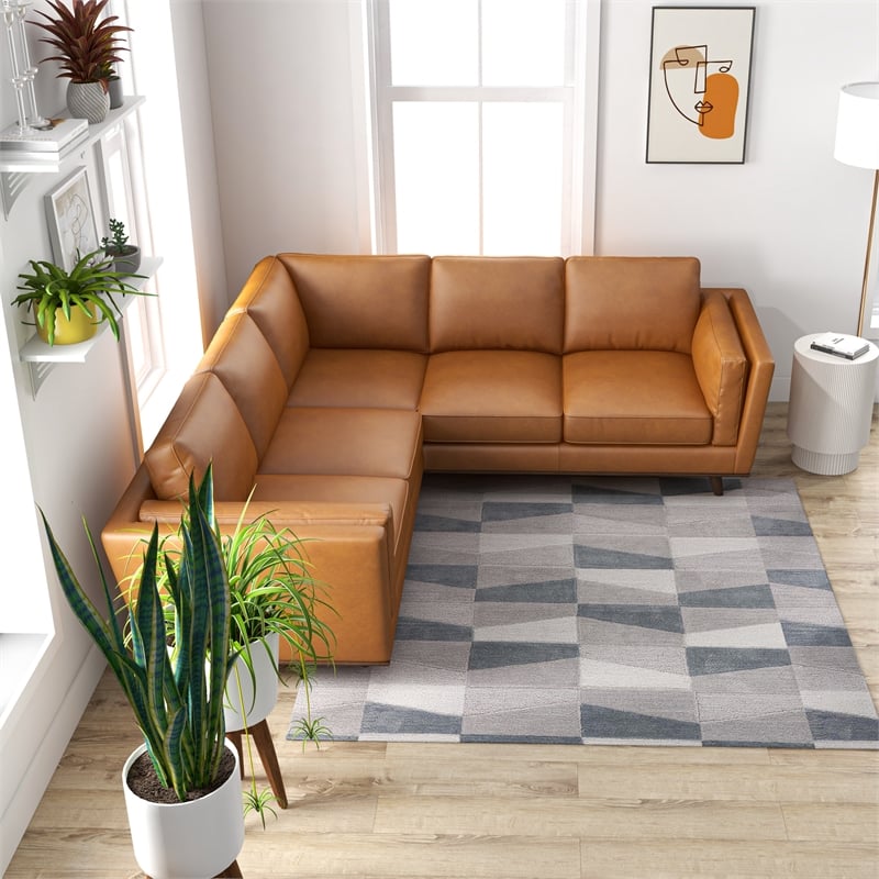 Pemberly Row Mid-Century Symmetrical Genuine Leather Corner Sofa in Tan