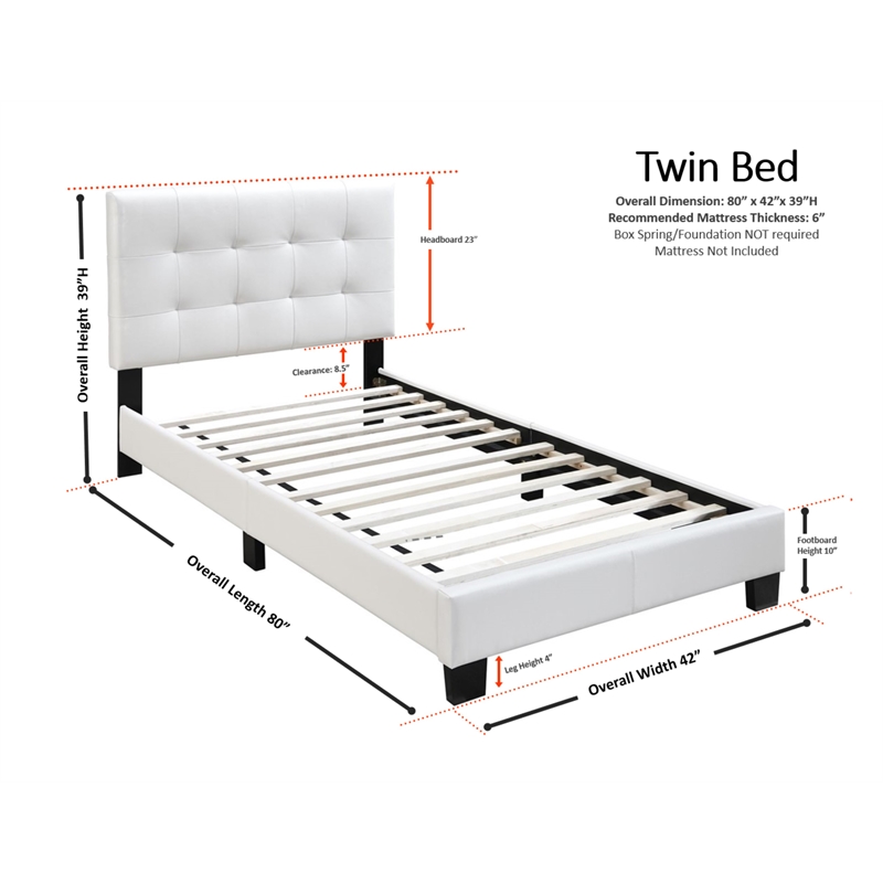 Pemberly Row Furniture Twin Faux Leather Bed Frame with Slats in White