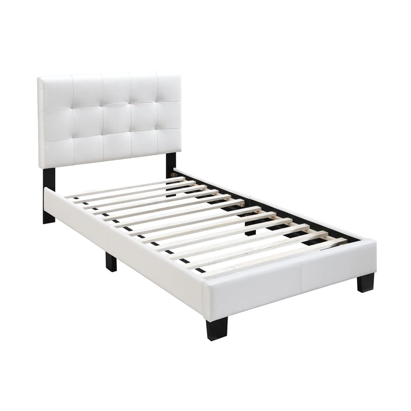 Pemberly Row Furniture Twin Faux Leather Bed Frame with Slats in White