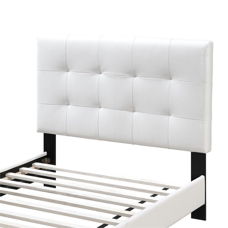 Pemberly Row Furniture Twin Faux Leather Bed Frame with Slats in White