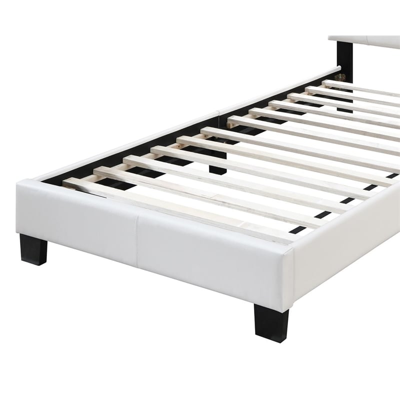 Pemberly Row Furniture Twin Faux Leather Bed Frame with Slats in White