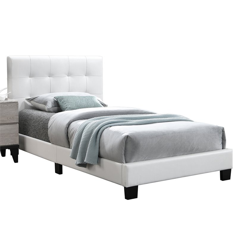 Pemberly Row Furniture Twin Faux Leather Bed Frame with Slats in White