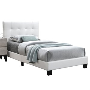 Pemberly Row Furniture Twin Faux Leather Bed Frame with Slats in White