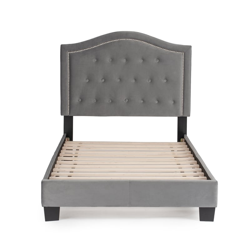 Pemberly Row Twin Size Bed in Velvet in Gray - Easy Assembly