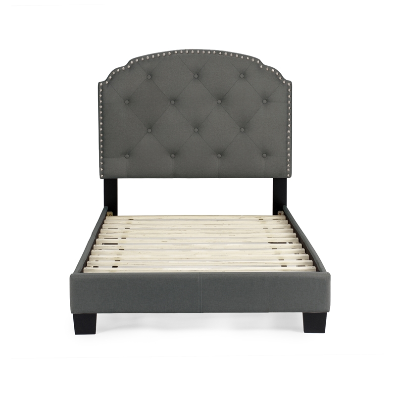 Pemberly Row Twin Burlap Fabric Upholstered Bed Frame with Slats in Charcoal