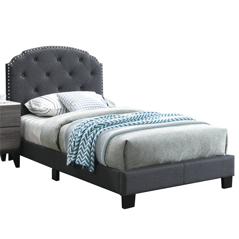 Pemberly Row Twin Burlap Fabric Upholstered Bed Frame with Slats in Charcoal