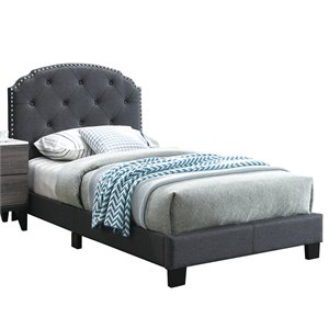 Pemberly Row Twin Burlap Fabric Upholstered Bed Frame with Slats in Charcoal