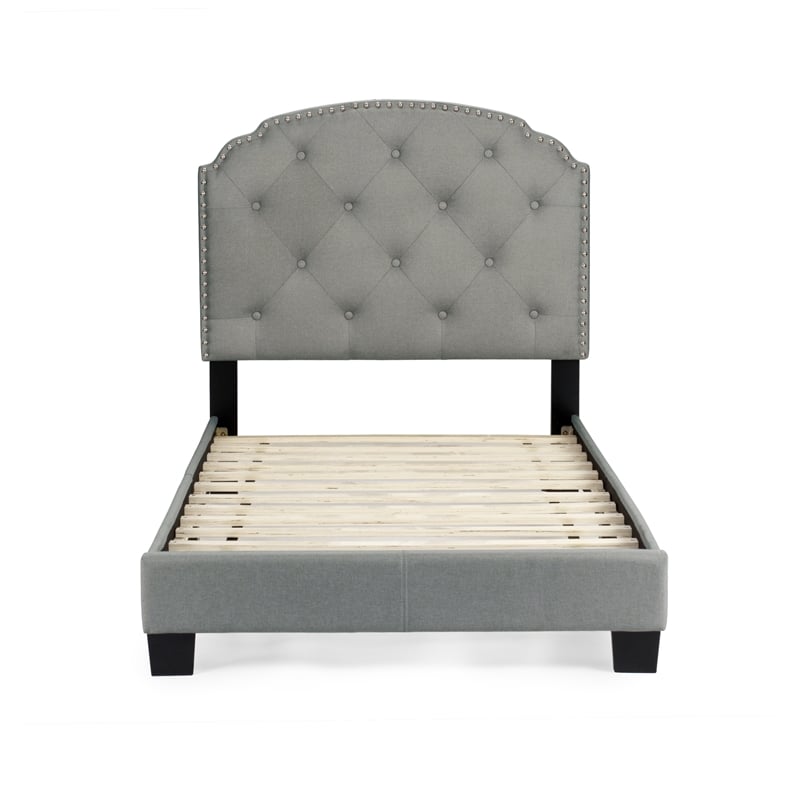 Pemberly Row Twin Burlap Fabric Upholstered Bed Frame with Slats in Light Gray