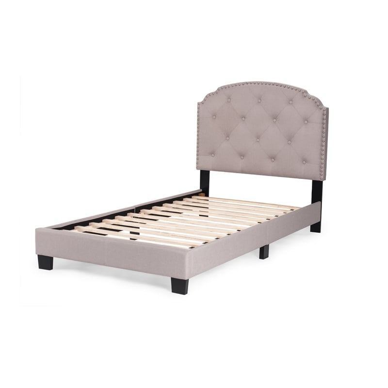 Pemberly Row Twin Burlap Fabric Upholstered Bed Frame with Slats in Light Brown