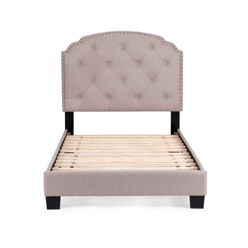 Pemberly Row Twin Burlap Fabric Upholstered Bed Frame with Slats in Light Brown