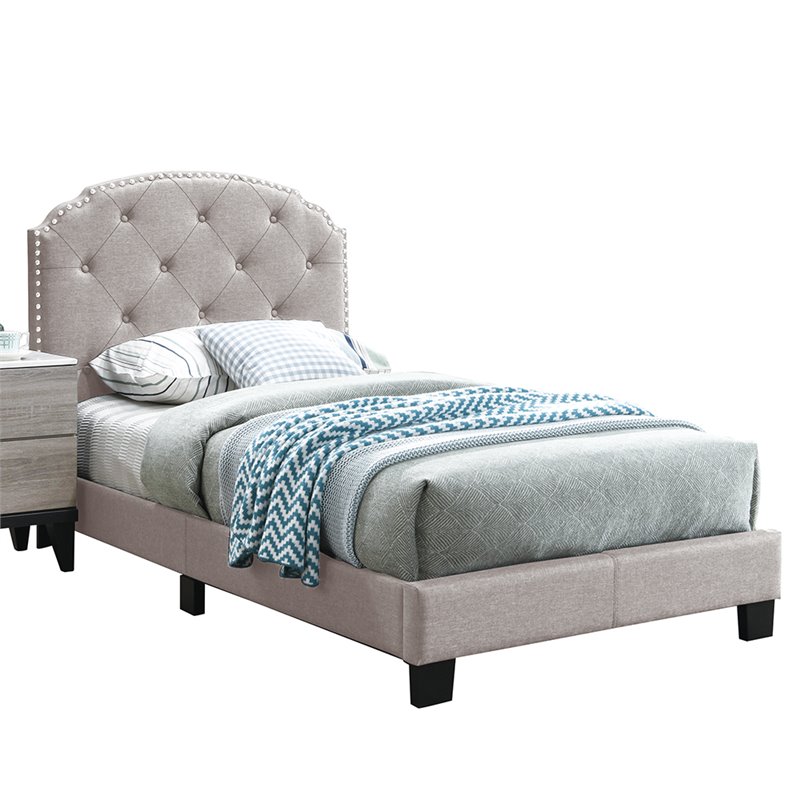 Pemberly Row Twin Burlap Fabric Upholstered Bed Frame with Slats in Light Brown