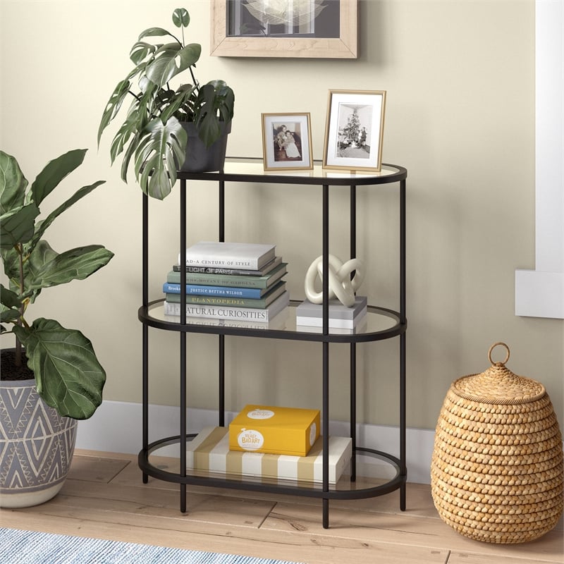 Pemberly Row Mid-Century Metal Bookcase with Glass Shelves in Black Bronze