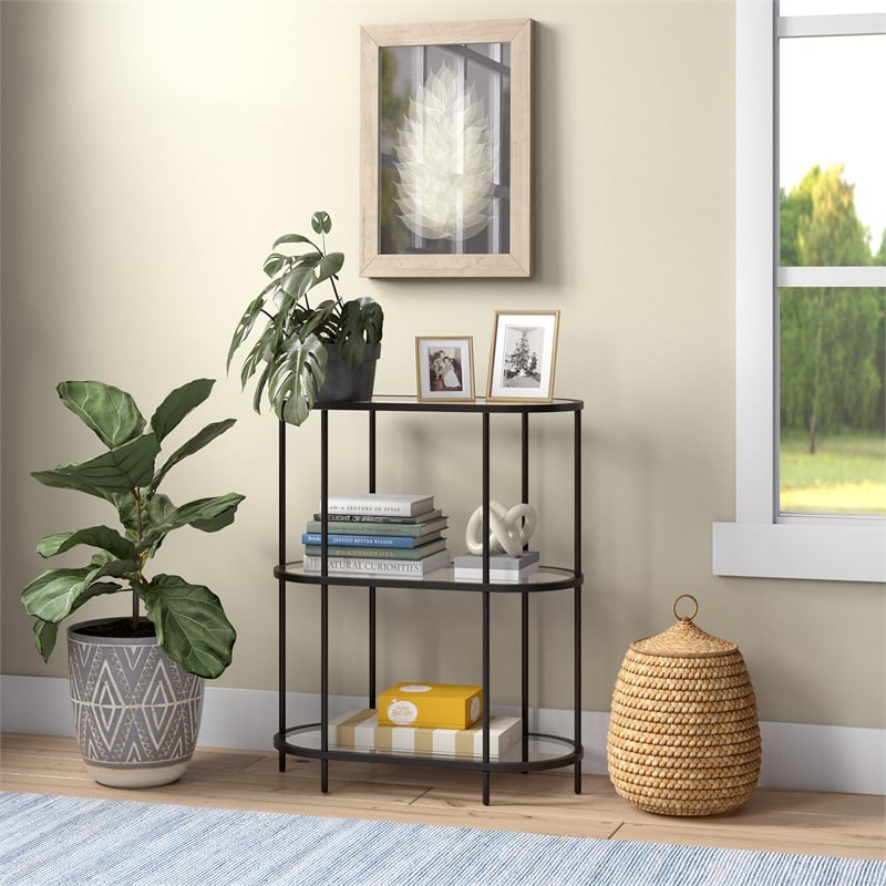Pemberly Row Mid-Century Metal Bookcase with Glass Shelves in Black Bronze