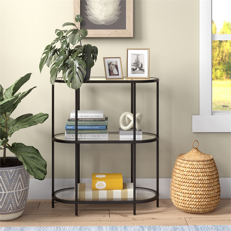 Pemberly Row Mid-Century Metal Bookcase with Glass Shelves in Black Bronze