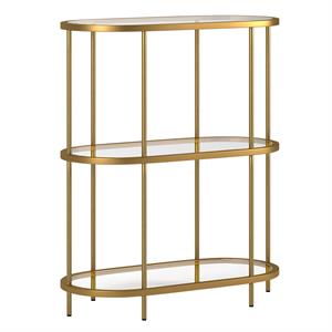 pemberly row mid-century metal bookcase with glass shelves in brass