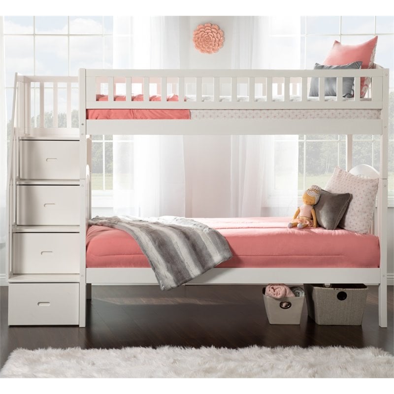 Pemberly Row Traditional Staircase Bunk Twin Over Twin in White