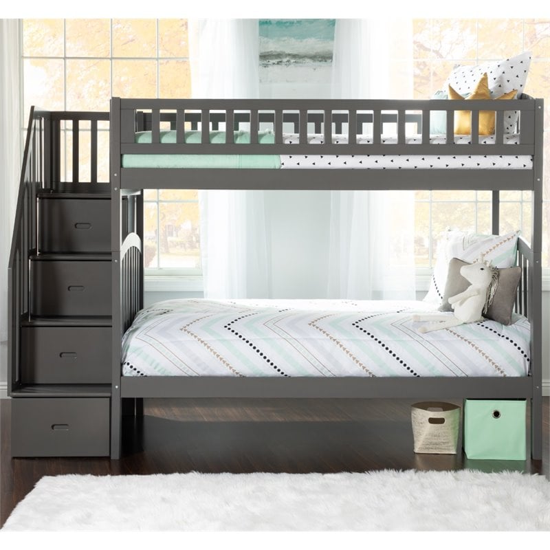 Pemberly Row Traditional Staircase Bunk Twin Over Twin in Gray